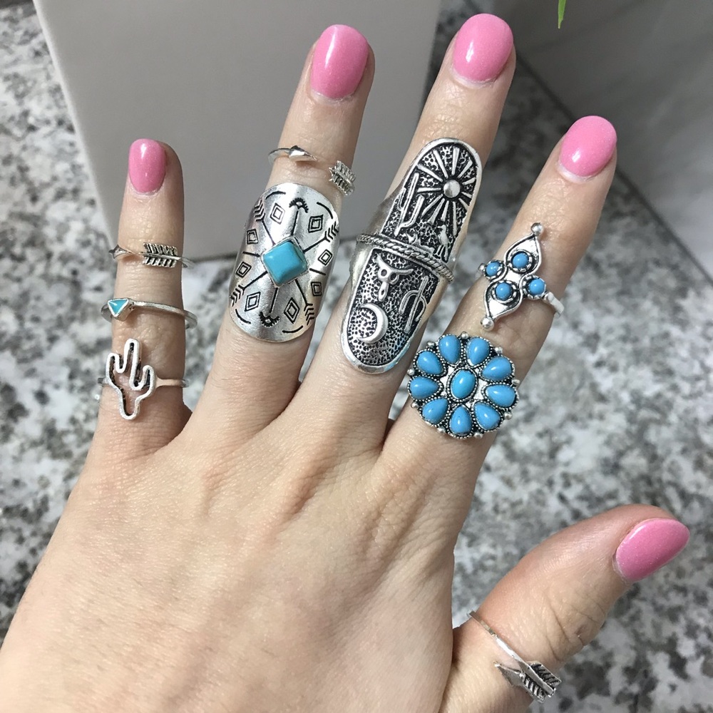 9 Piece Bohemian Turquoise Ring Set - Picture 2 of 8